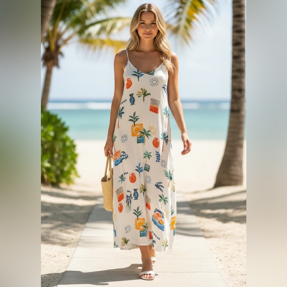 Paper Heart Anthropologie Maxi Dress Tie Back Tropical Vacation Size XS